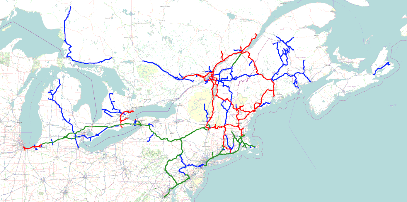 the Parsons Vale route map;  Cape Breton across to western Ontario/eastern Illinois & Ontario down to Washington DC